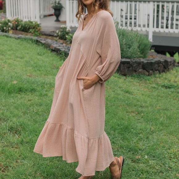 Neuflora Mayfield 100% Cotton Cream Long Sleeve Women's Dress with Pockets - Picture 15 of 15